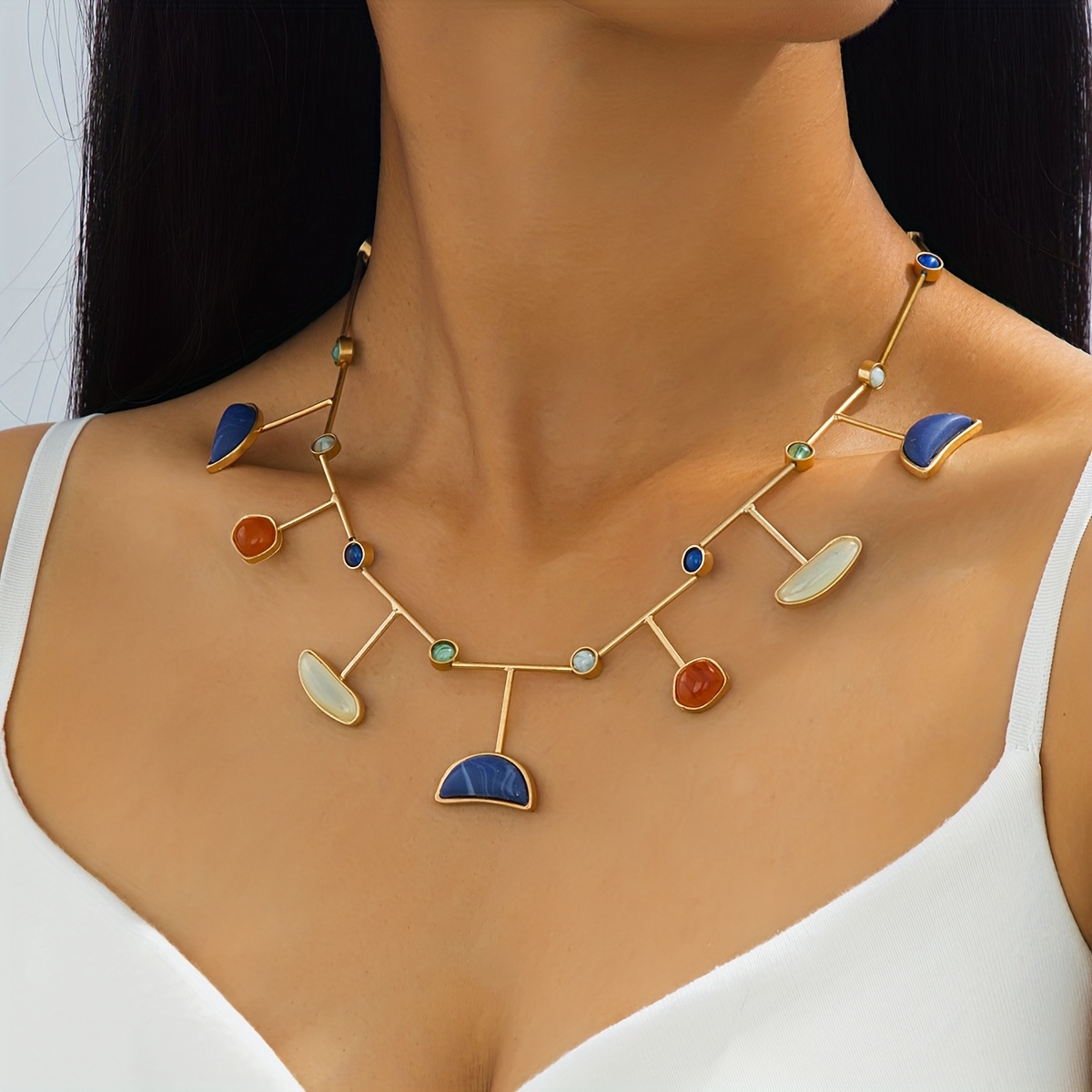 Image of Fashionable Necklace, Sexy Vintage Bohemian Style, Geometric Natural Stones And Alloy Tubes, Suitable For Parties, Travel, Leisure, Gatherings, And Holidays