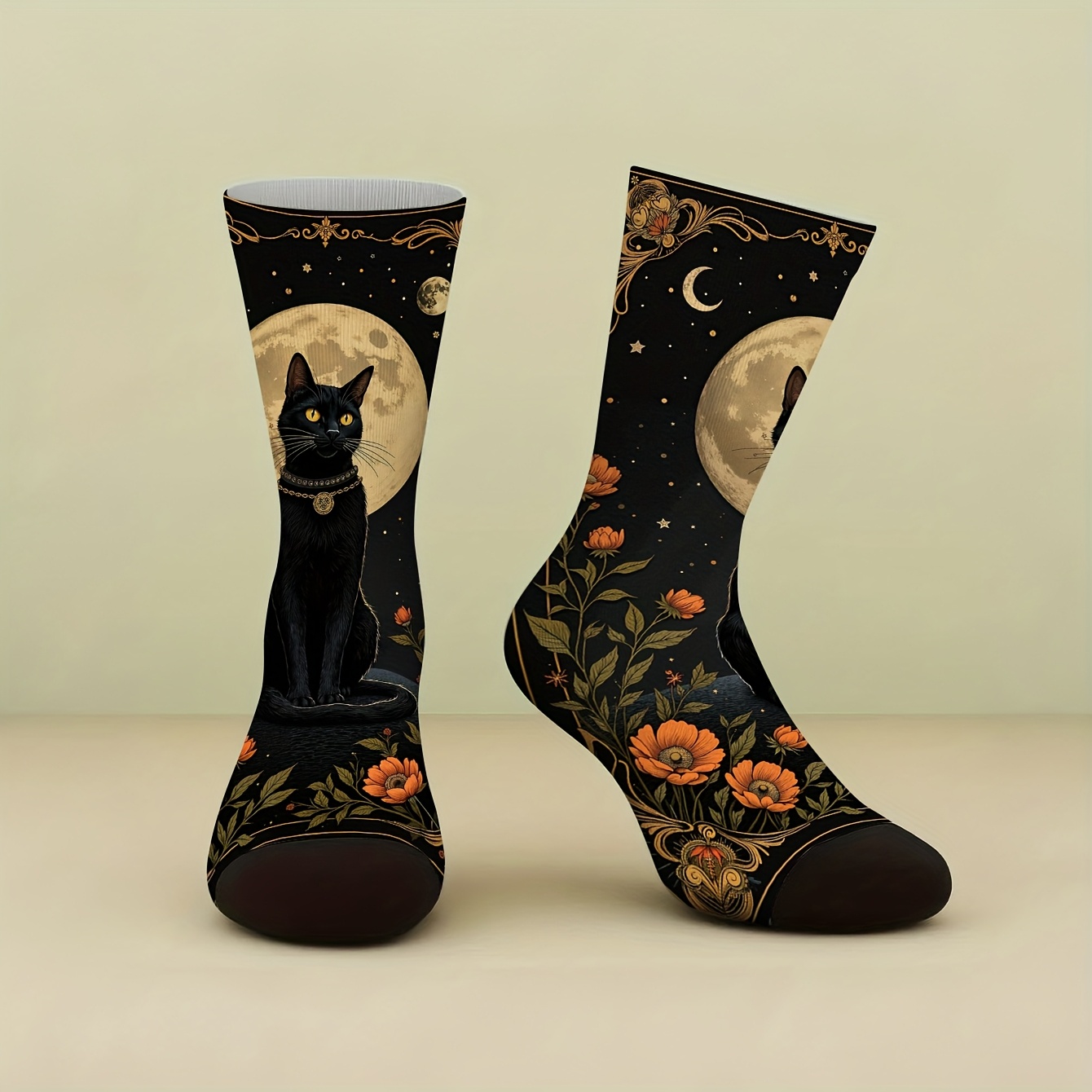 TEMU 1 Pair Of Unisex Socks, Black Cat In The Flower Bushes, Interesting And Sock Gift, Soft And Comfortable, Suitable For Outdoor Sports, Suitable