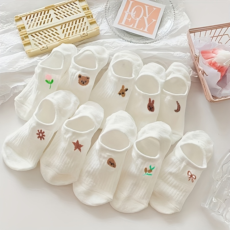 TEMU 10 Pairs White-based Spring Summer Cute Animal Floral Ankle Socks Invisible Socks Comfortable All-match Women's Socks