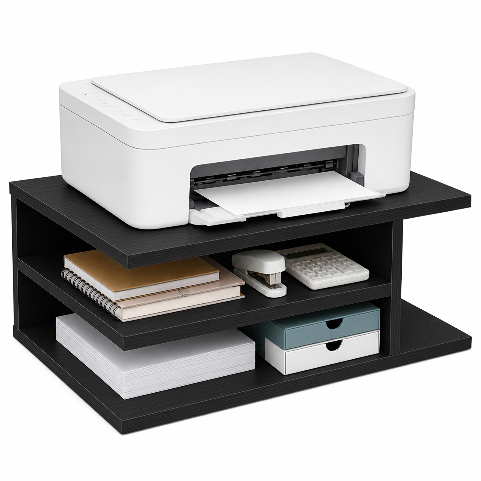 Image of Wooden 3-tier Printer Stand With Storage Shelves - 40cm Wide Desk Organizer For Home Office, Sturdy Tabletop Rack For Printer, Scanner, Files & Books, Space-