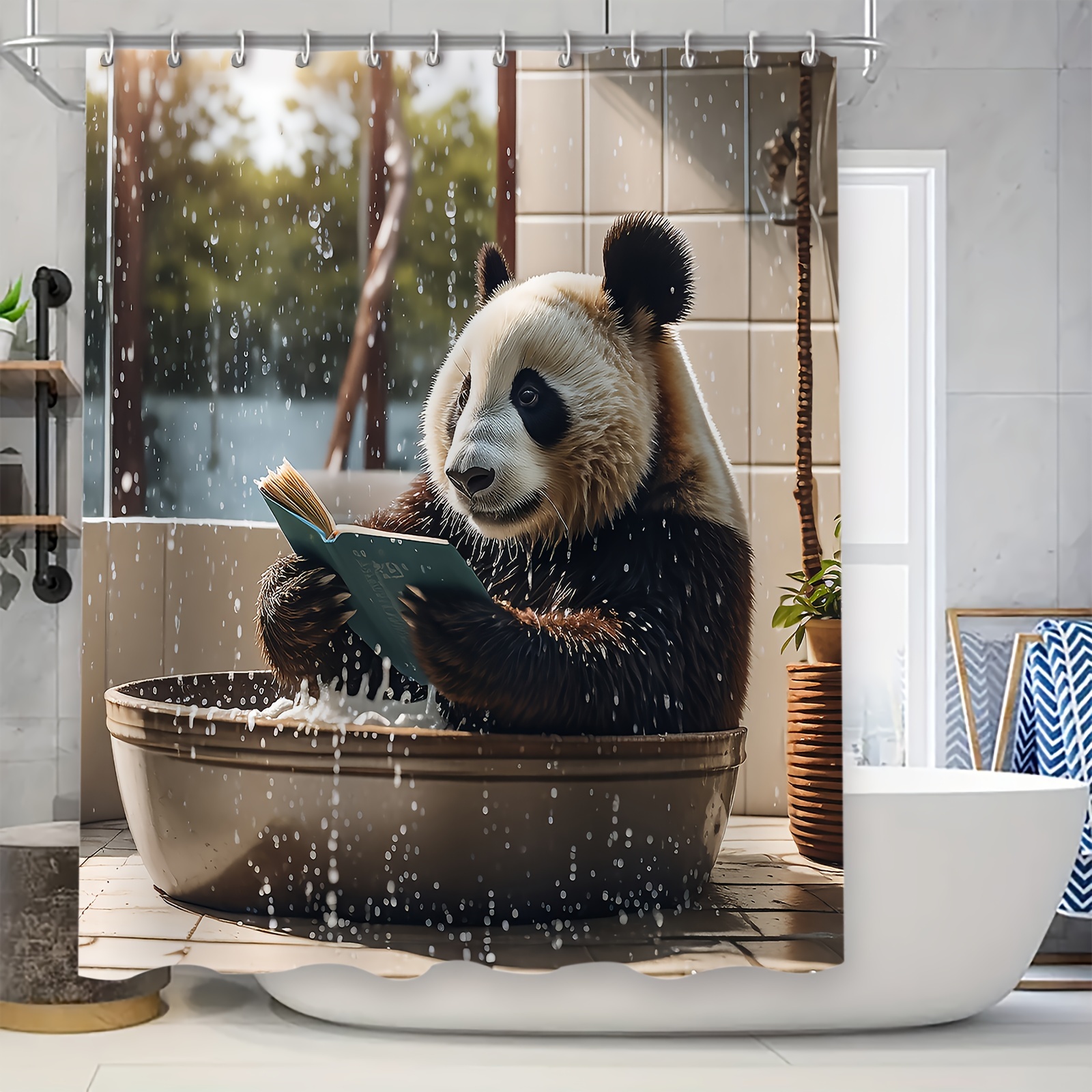 

1pc Panda Bathing Print Shower Curtain With 12 Hooks, Waterproof Mildew-proof Bath Curtain For Bathroom Decor And Windows, Home Decor