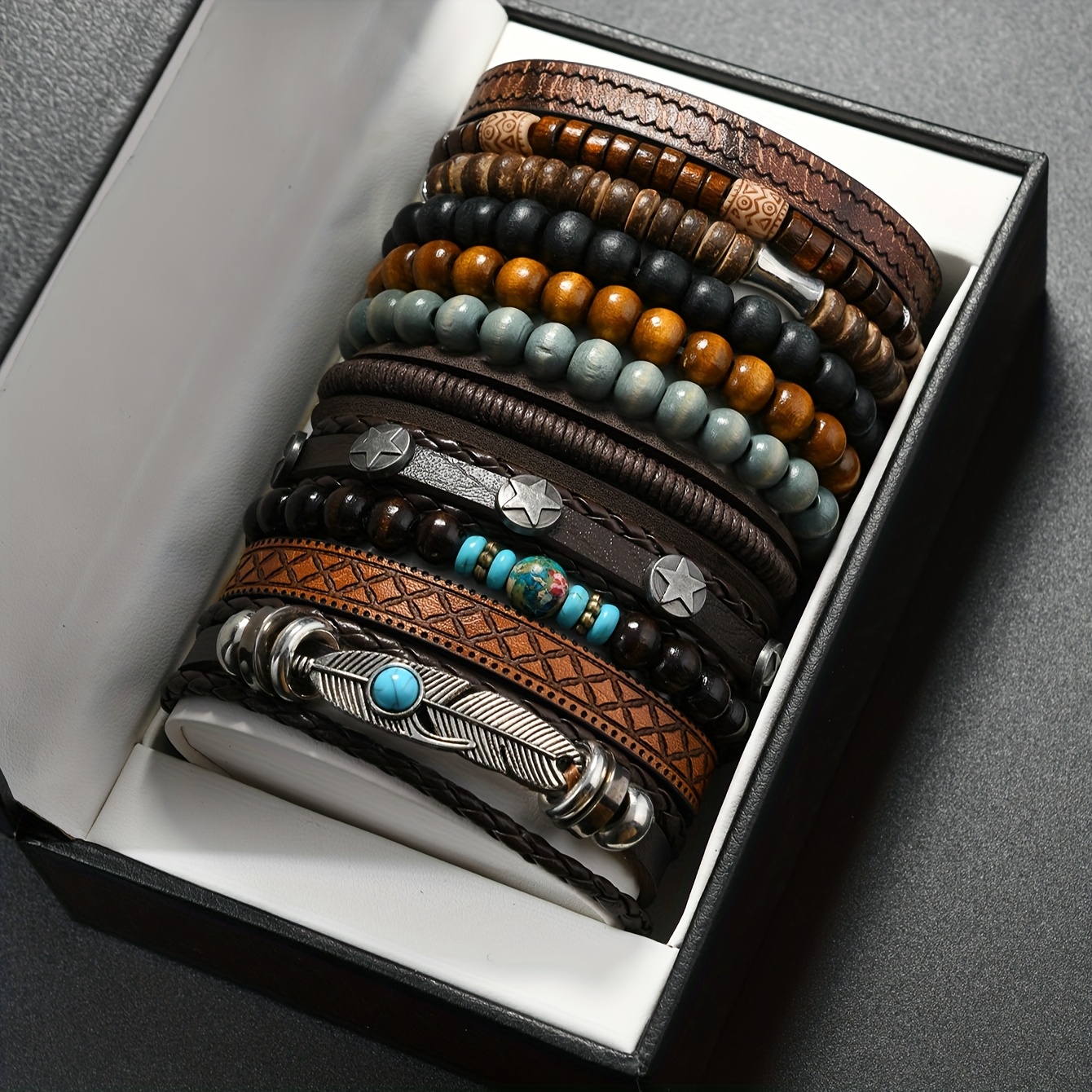 E-shop 11-teiliges Armband-Set mit Türkis-Feder-Elementen, Geschenk für Freunde