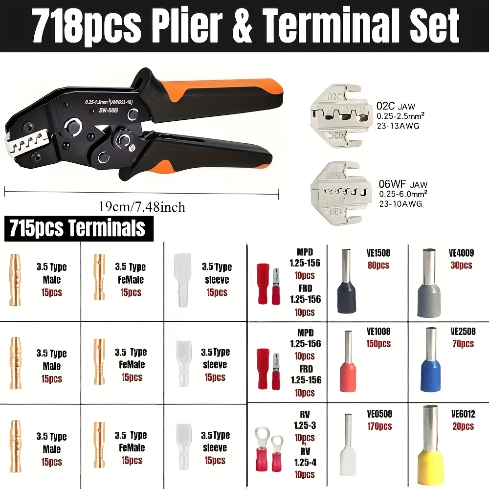 TEMU 718pcs New Wire Crimper With Replaceable Jaw And Assorted Crimping Terminals, Cold-pressed Wire Terminal Male/female Pair, Insulated Cable