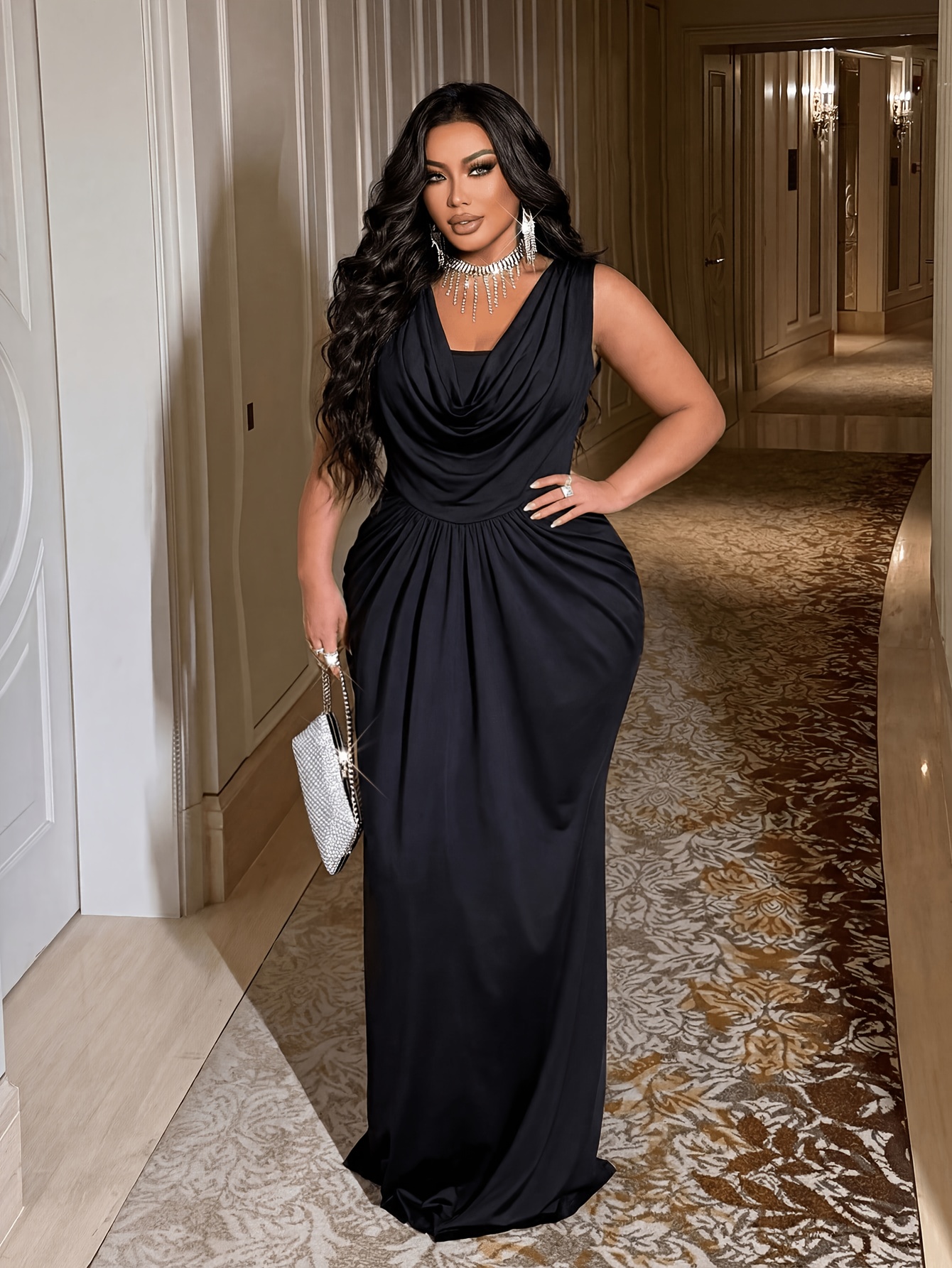 party plus size black dresses Cowl Neck Sleeveless Maxi Dress, Elegant Draped Waist Formal Evening Gown, Curvy Bodycon Floor Length Dress for Women, Wedding Guest / Gala / Cocktail Attire Green and Black Gown tiereddress thanks to a vibrant Color:Ink-Blue