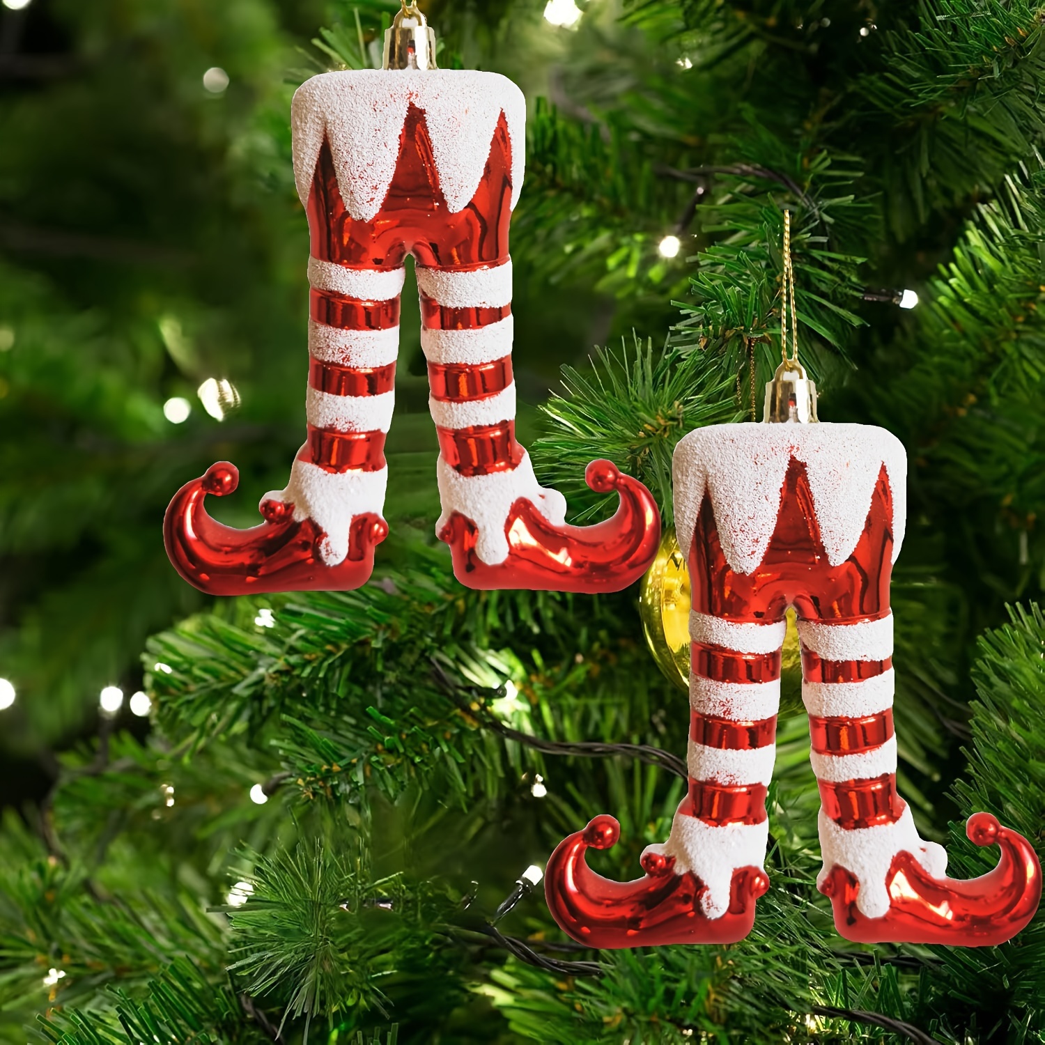 

4 Christmas Elf Stripes Ornaments - Red And Hanging Decorations - For