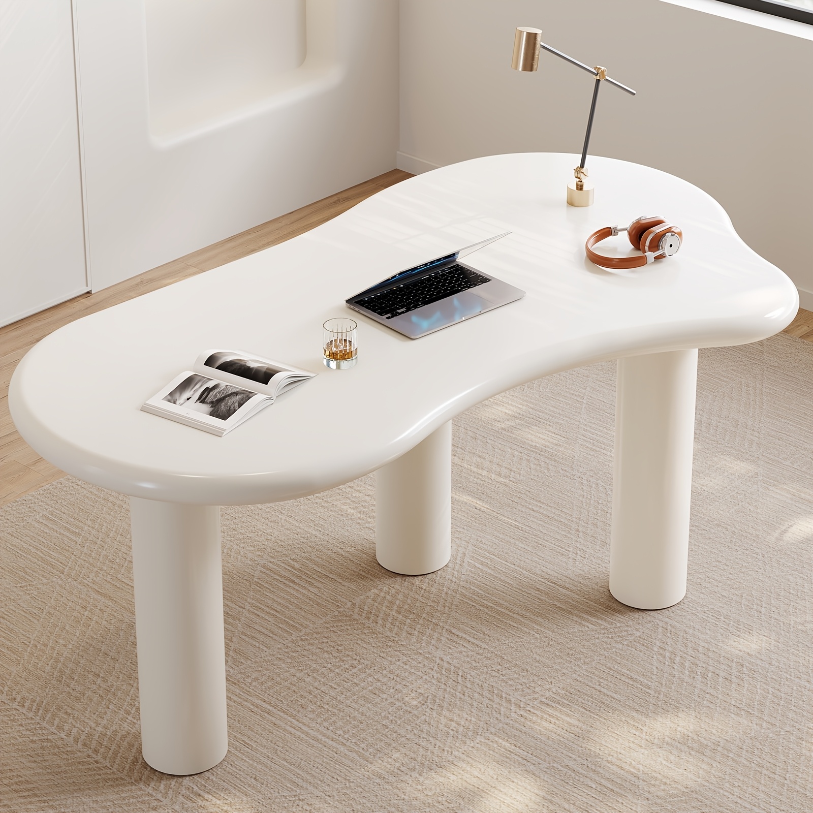 Irregular Computer Desk, 158cm Office Desk, Modern Minimalist Study Desk, Multifunctional Desk, Milky White Office Desk, Suitable For Studying, Living Room, And Office Desk, Easy To Assemble
