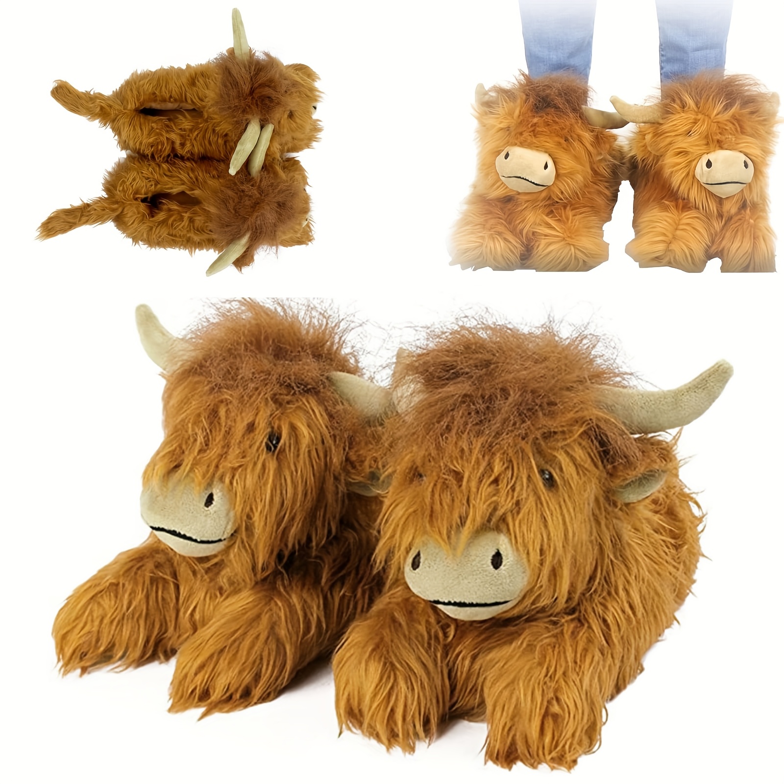 

1 Pair Vintage Style Highland Cow Slippers For Women - Fluffy Cartoon Slippers, Adult Indoor Footwear, Ultrafine Fiber Exterior, Fabric Lining, , Fabric Insole, Comfort