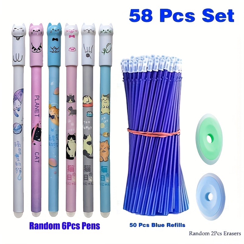 Image of 58 Pcs/set Erasable Neutral Pen Set With 50 Replaceable Refills 0.5mm Pens, , Washable, Handle Office Supplies Stationery For Season. (random 6 Pens + 50 Refills + 2 Erasers) Fine Writing Instruments
