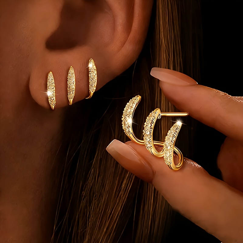 【18K金メッキ】レディース 三爪 カーブイヤリング, シャイニーラグジュアリー, 低刺激性, デイリー, 音楽フェス, ギフトに最適