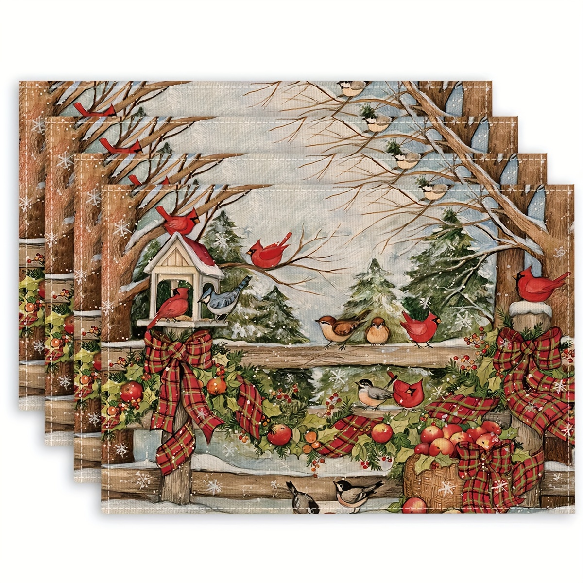 

4pcs Christmas Placemats With Red Bird & Festive Trees Print - Woven Linen Table Mats, Rectangle Table Decor For Holiday Dining, Hand Washable, Heat Resistant - 16.5" X 12.6