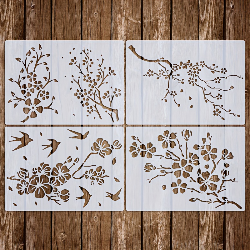 

4-pack Cherry Art Stencils, A4 Size Reusable Painting Templates With Plant, Sakura Tree & Birds Designs, Diy Craft Stencils For Fabric, Canvas, Wood, Wall, Decor