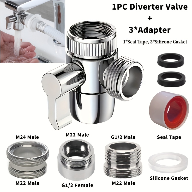 Image of 1pc Faucet Diverter Valve 3 Way Shower Sink Diverter Valve With Aerator Includes M22/m24/g1/'' Adapters And Seal Tape Durable Metal Construction To Connect Washing Machine Garden Hose
