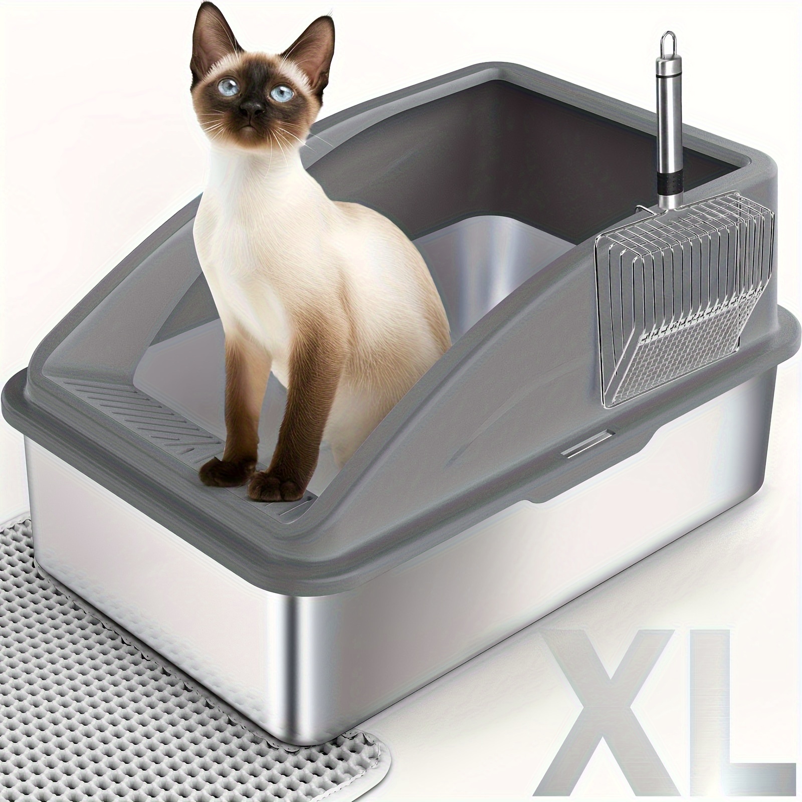 TEMU Extra Large Stainless Steel Cat Litter Box With Lid - Leak-proof, , Easy Clean Cats, Khaki, Dark Gray