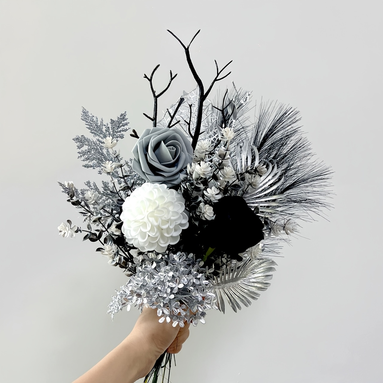 TEMU 14pcs Artificial Flowers Bouquet, Black Gray Silver Fake Roses With And Silver Foliage, Faux Floral Arrangement, Ins Stylish Flowers For Room
