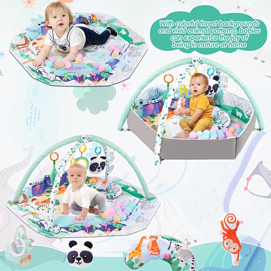Baby Play Gym Mat-Stage-Activity Floor Mat with Detachable Toys, Tummy Time Support, Includes 18 Ocean Balls, with High Contrast Toys & Self-Discovery Mirror & Tummy Time Pillow for Sensory And Motor Skill Development
