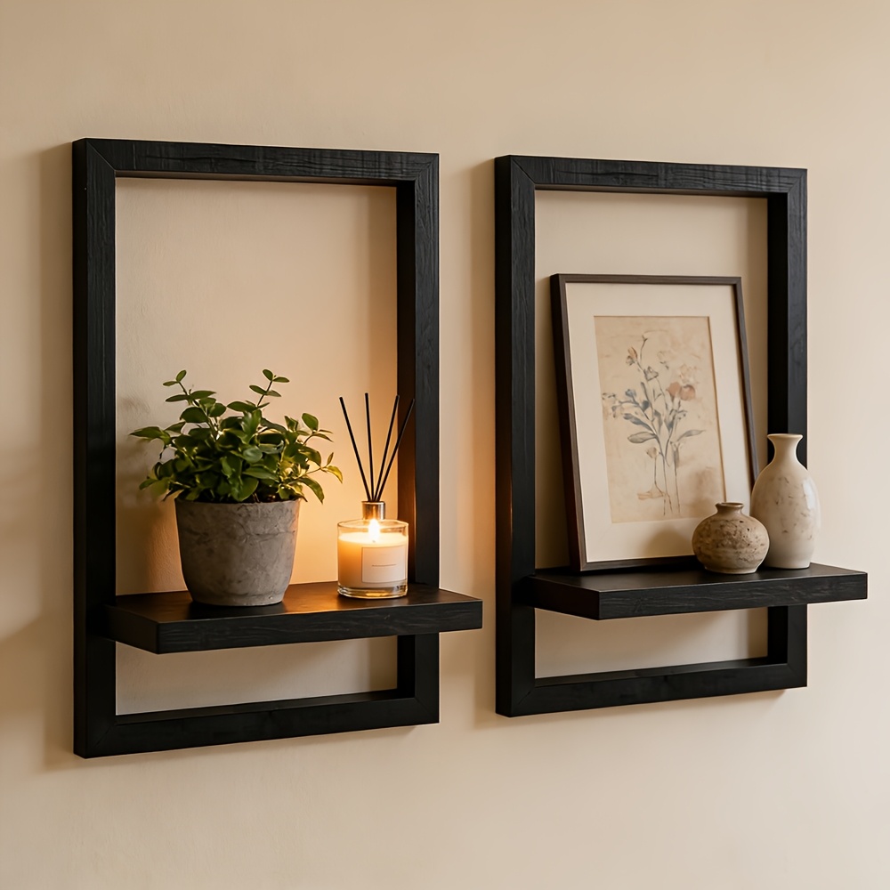2pcs black floating wall shelves rustic wood wall mounted display shelves modern floating shelves for bedroom living room bathroom space saving storage shelves for decor plants photos   and decor