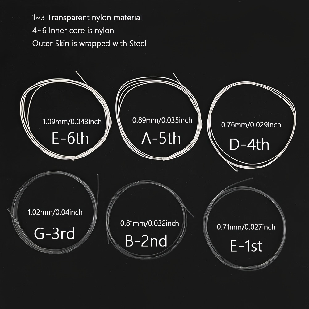 6pcs/Set (1-6 Strings, 1 Set of 6 Strings) High-End Nylon Strings for Classical Guitars, Featuring Nylon Plain Strings And Metal Wound Strings. The Transparent Nylon Strings Produce a Clear And Bright Tone. The Metal Wound Strings Have a Long Lifespan, Are Corrosion-Resistant And Anti-Oxidative, Providing a Comfortable Feel And Durability, Making Them Less Prone to Breakage.