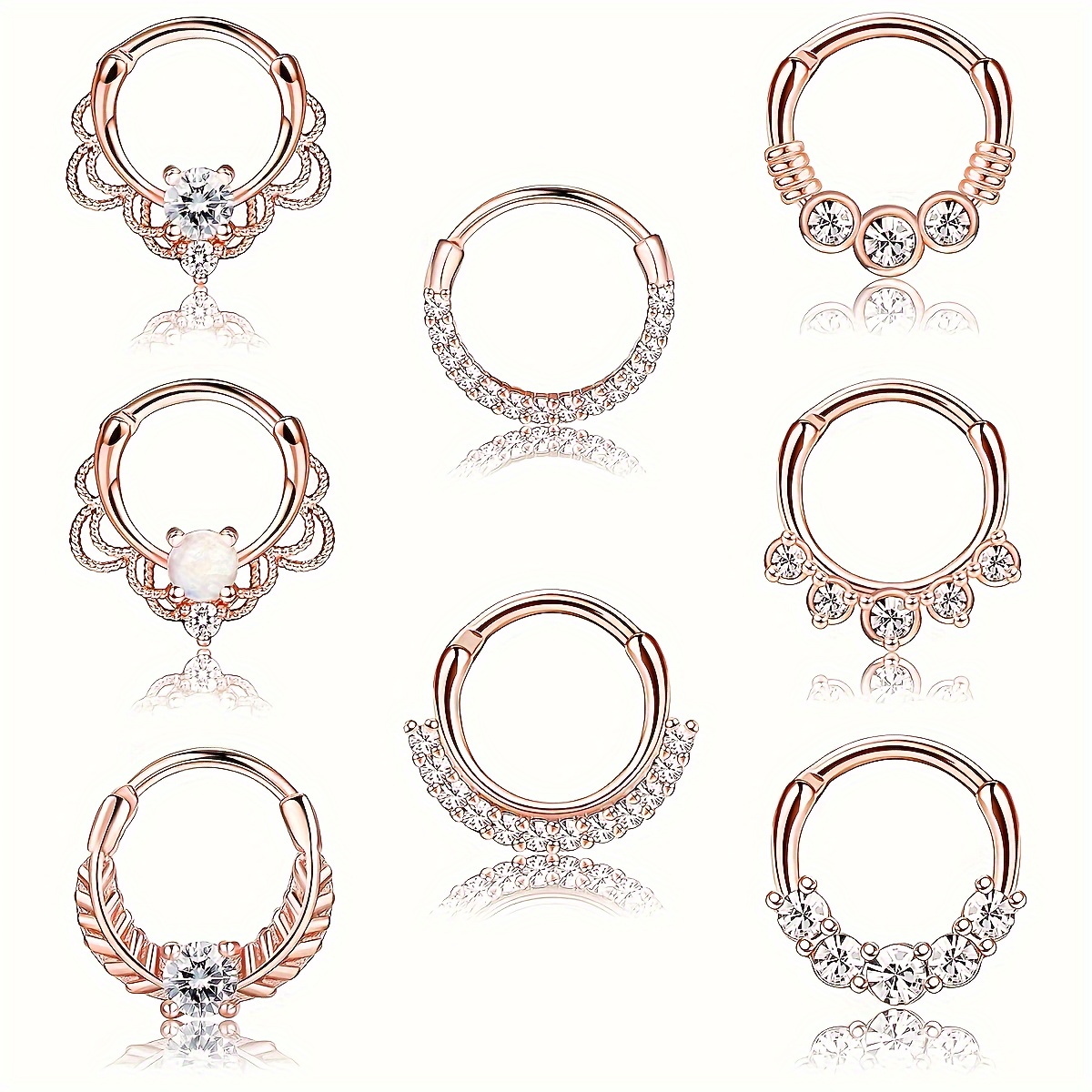 

8pcs 16g Septum Ring Stainless Steel Zircon Decor Opal Cartilage Nose Hoop Ring Body Piercing Jewelry For Women