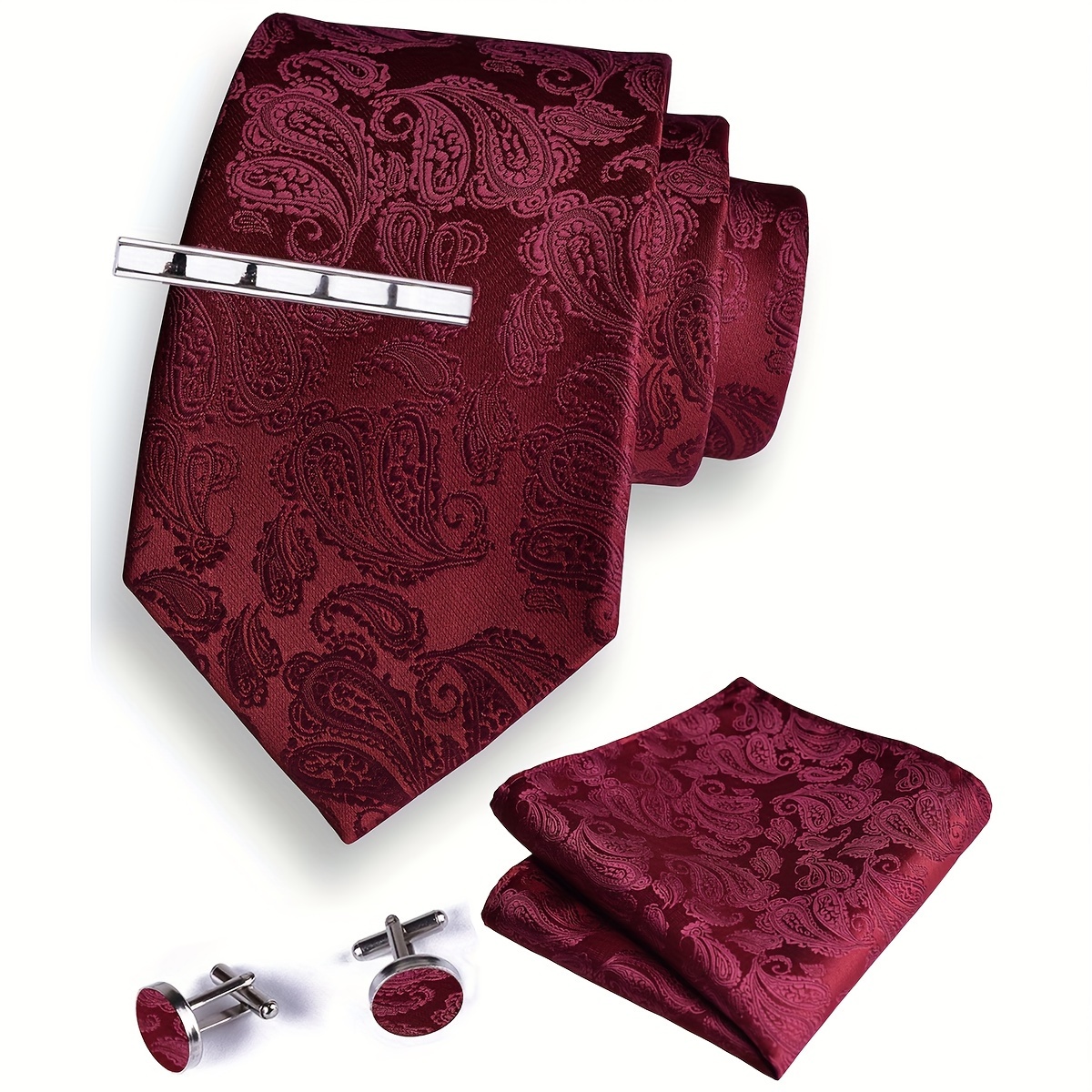 

4pcs Men's Tie Set, Polyester Paisley Woven, Includes 8cm Tie, Square Handkerchief, Cufflinks, And Tie Clip, High-quality Classic Fashion For Wedding, Party, And Business