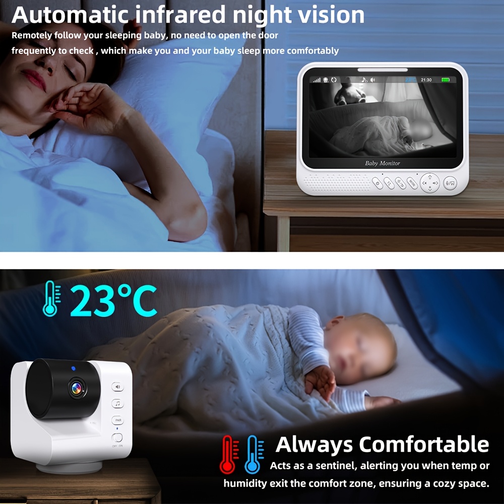 7-inčni bebi monitor, ugrađena baterija, dvosmjerni audio, infracrvena noćna vizija, podsjetnik za hranjenje, 4x elektronički zumiranje praćenja temperature, 8 funkcija uspavanke, PTZ kontrola, upravljanje tipkom, jednostavno korištenje, odličan pomoćnik dječjem rastu, Kompaktan dizajn,Moderni bebi