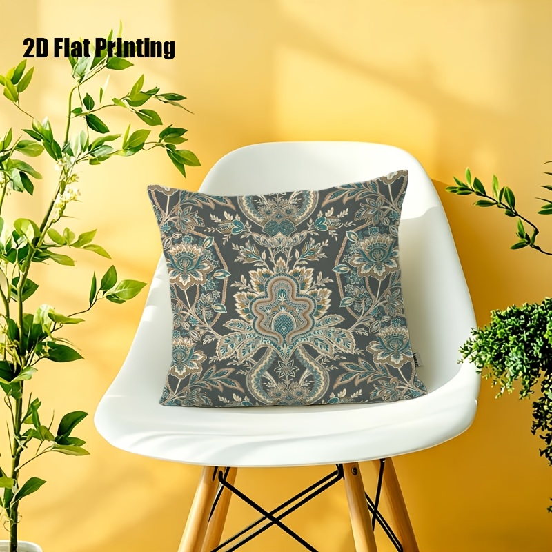 2D Flat, Terrace Cushion Cover, 1pc 18X18 Inches Square Pillow Cover, A Dark Gray Background Features an Intricate, Symmetrical Pattern with Teal, Cream, And Golden Floral Motifs, Including Large Central Blooms, Leaves, And Scrollwork