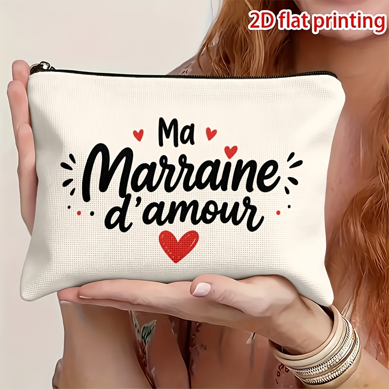 TEMU 1 pièce Trousse de maquillage imprimée 2D à plat avec slogan "Ma Marraine ", impression -, organisateur de cosmétiques multifonctionnel,