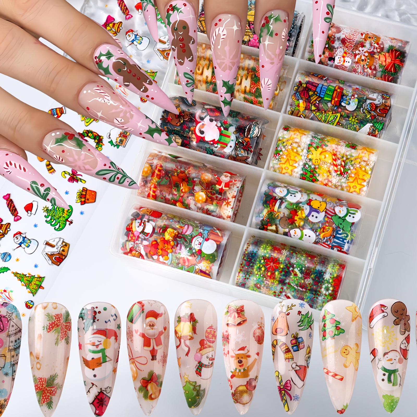 TEMU 10 Rolls/box Cute Christmas Nail Transfer Foil Stickers, Cartoon Nail Art Foil Transfer Sheets Santa Gingerbread Man Snowman Xmas Christmas Tree