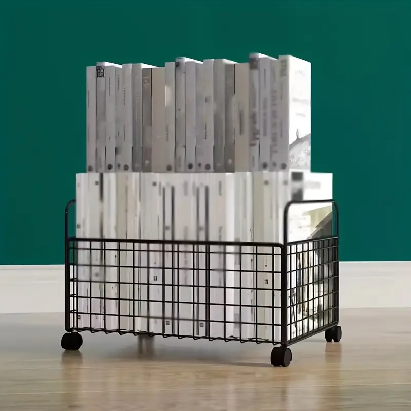 durable metal bookshelf with storage basket and wheels stackable space saving organizer for office living room classroom or reception black white 38 0cm x 24 0cm x 21 01cm suitable for easy to assemble classroom storage stackable design metal structure bookcase Product details 4