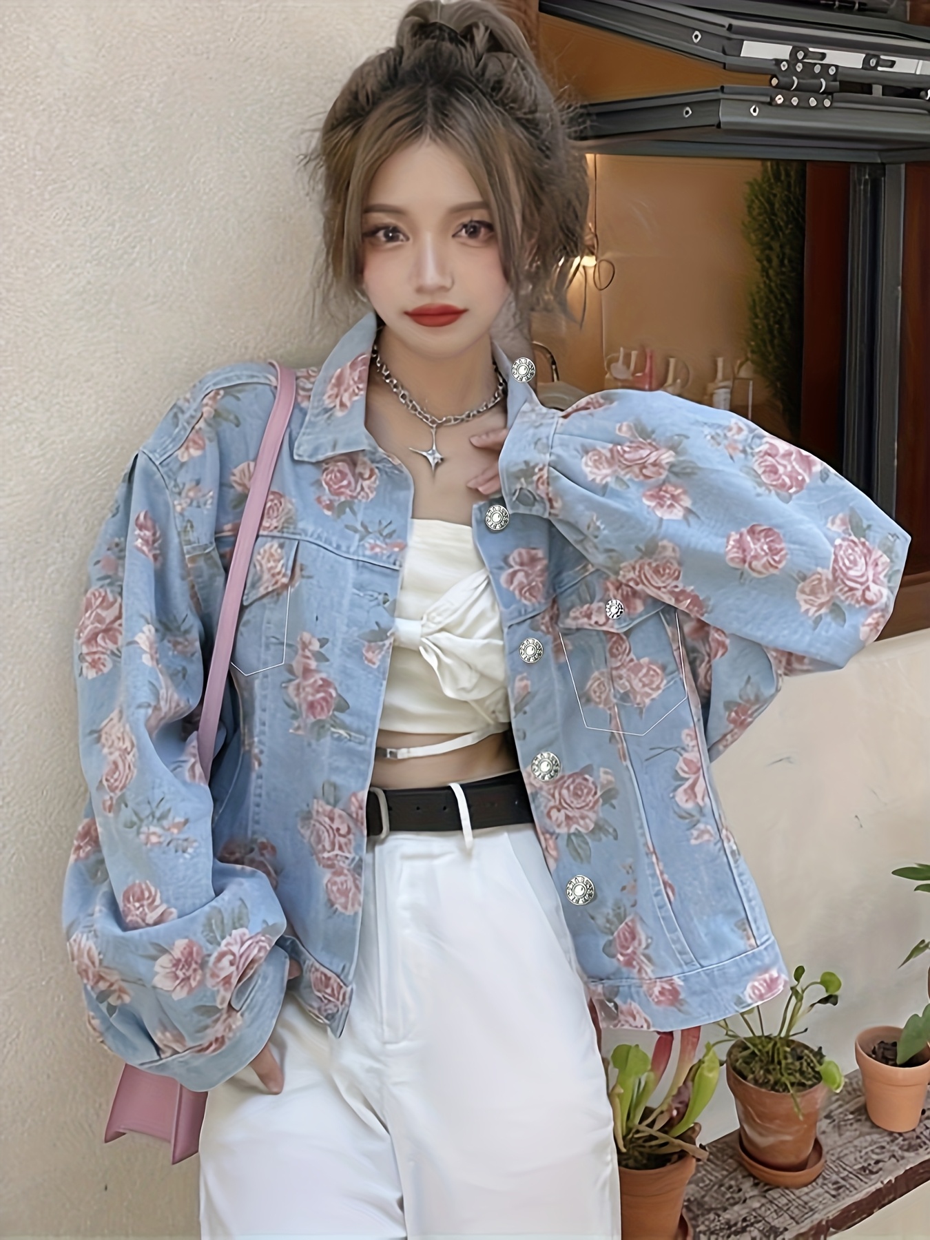 womens elegant floral print denim jacket loose fit long Temu Italy