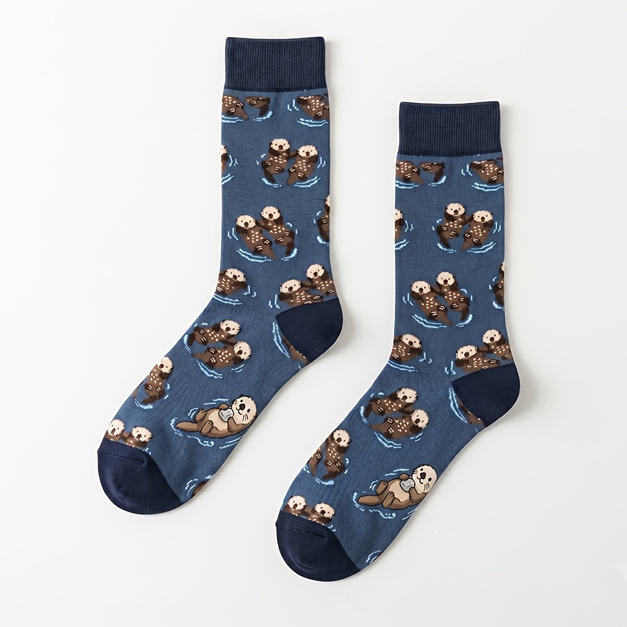 TEMU 1/3-pair Unisex Gray- Hand-in-hand Otter Playing In Water Pattern With Navy Blue Contrast Toe Tab, Polyester, Breathable, Fun, Mid-calf Socks,