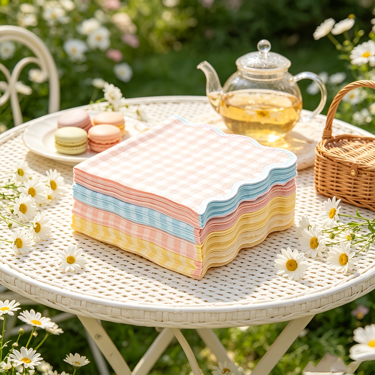 TEMU 60 Sheets Of Double-layer Macaron-colored Scalloped-edge Plaid Disposable Napkins, 15 Sheets In Each Of 4 Colors, 9.84×9.84 Inches. Suitable For