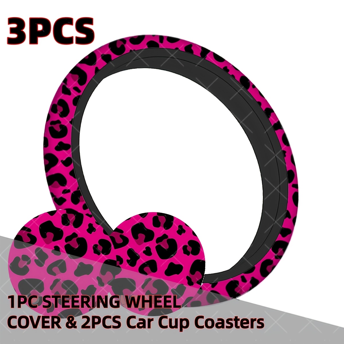 TEMU 3pcs Hot Leopard Print Car - Steering Wheel Cover & Cup Holder Coasters, Suitable For , 15-inch Wheel Cover, Compatible For Most Vehicles,
