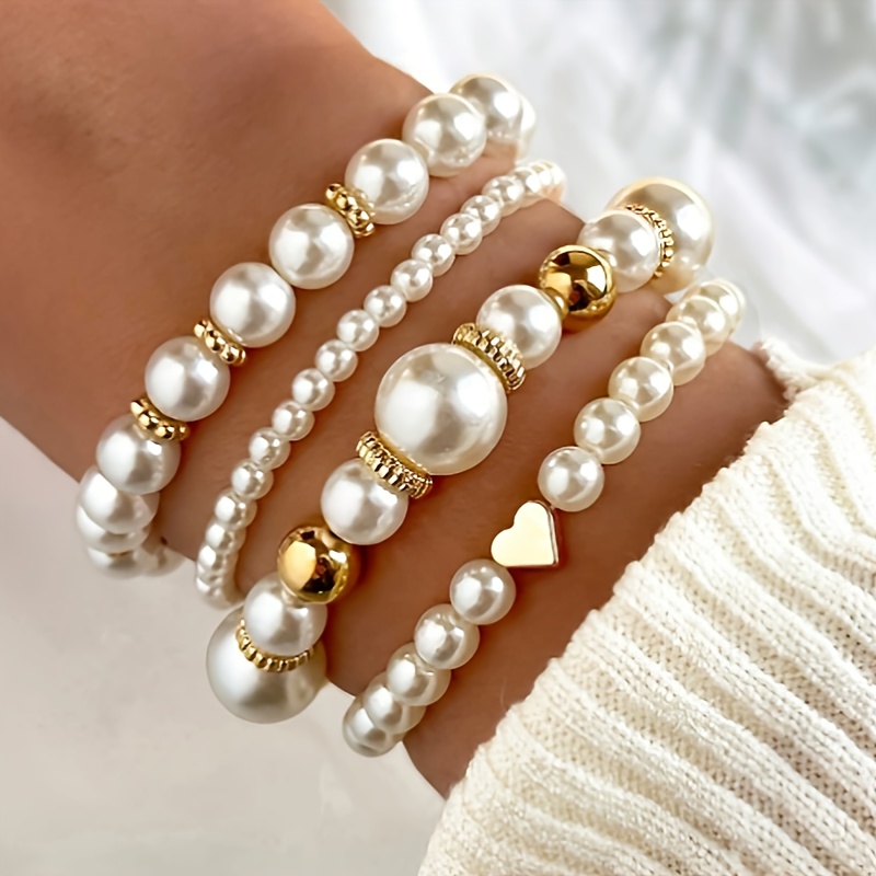 

4pcs Elegant Pearl Bracelet Set With Heart Charm, Sexy Fashion Jewelry For Women, Versatile For & Gift-, Christmas & All