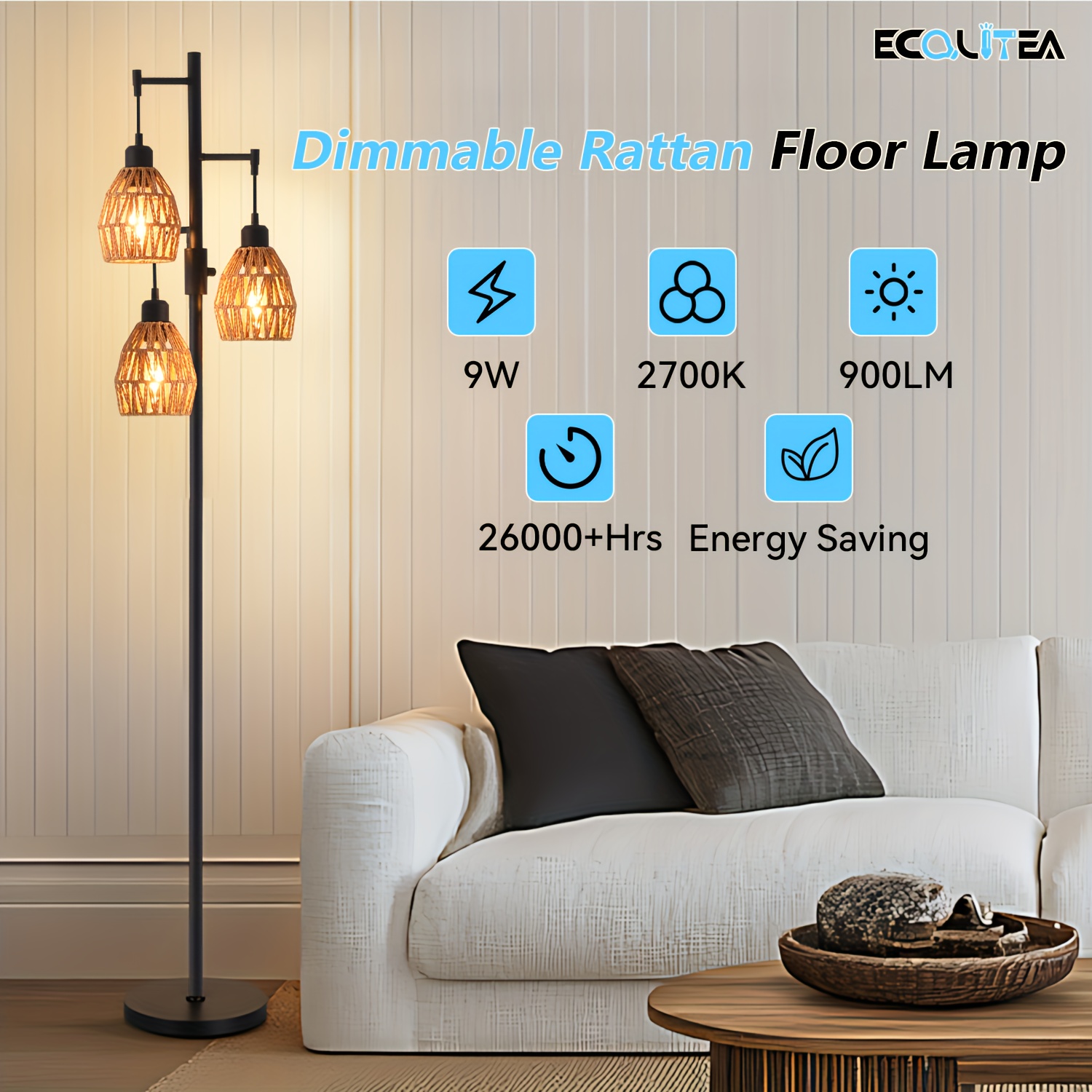 TEMU 70" Boho Rattan Floor Lamp, Farmhouse Tree Standing Lamp With Rattan Shades, Multi-head Vintage Tall Floor Lights For Bedroom, Living Room,