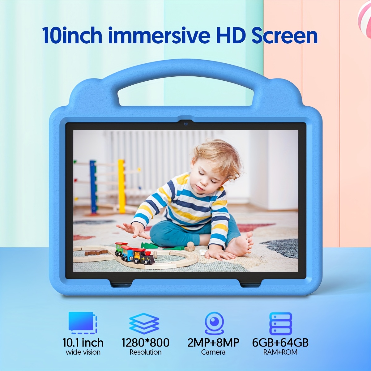 Android 14 Tablet, 25.4 cm Kids Tablet, 64GB ROM 3GB RAM, 1TB Extended Memory, Quad-core, 2.4G WiFi6, Eye Protection, Parental Controls, Tablet With Case, 6000mAh Battery Capacity, Christmas Gift