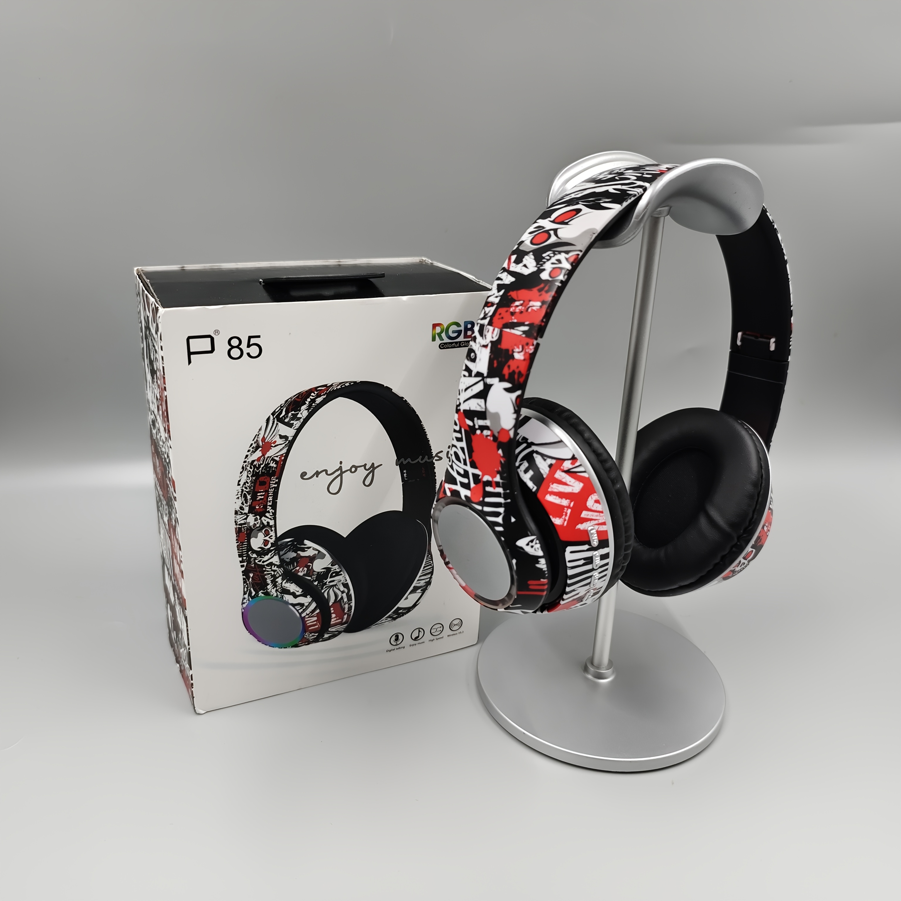 

Graffiti Painted Headphones, Cool Light, Portable And Foldable, Subwoofer Stereo, Breathable Earmuffs Support Wired/wireless Use, Suitable For Games/learning/going Out.