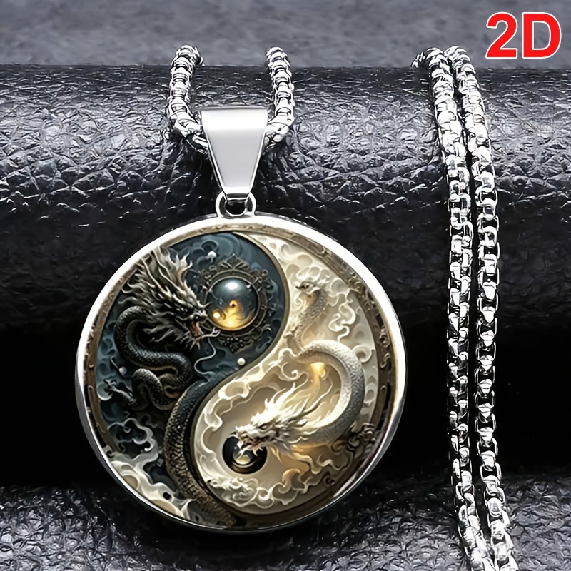 TEMU 1pc 2d Flat Double Dragon Tai Chi Pendant Necklace, A Surprise Gift For Family, , And , A Trendy Accessory Suitable For Daily Wear