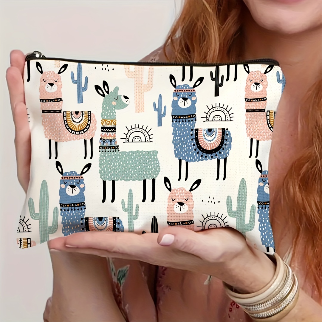 Image of 1pc Whimsical Animal Print Makeup Bag - Large Capacity Travel Cosmetic Organizer With Zipper Closure, Cute Llama & Designs For Women, Travel, Gym, Camping & Daily Use