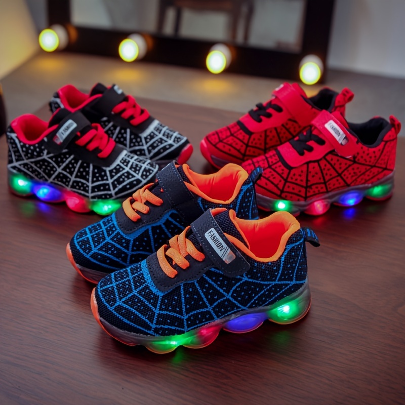 

Casual Cool Spider Net Woven Shoes With Led Light For Boys, Breathable Non-slip Sneakers For Walking Running Training