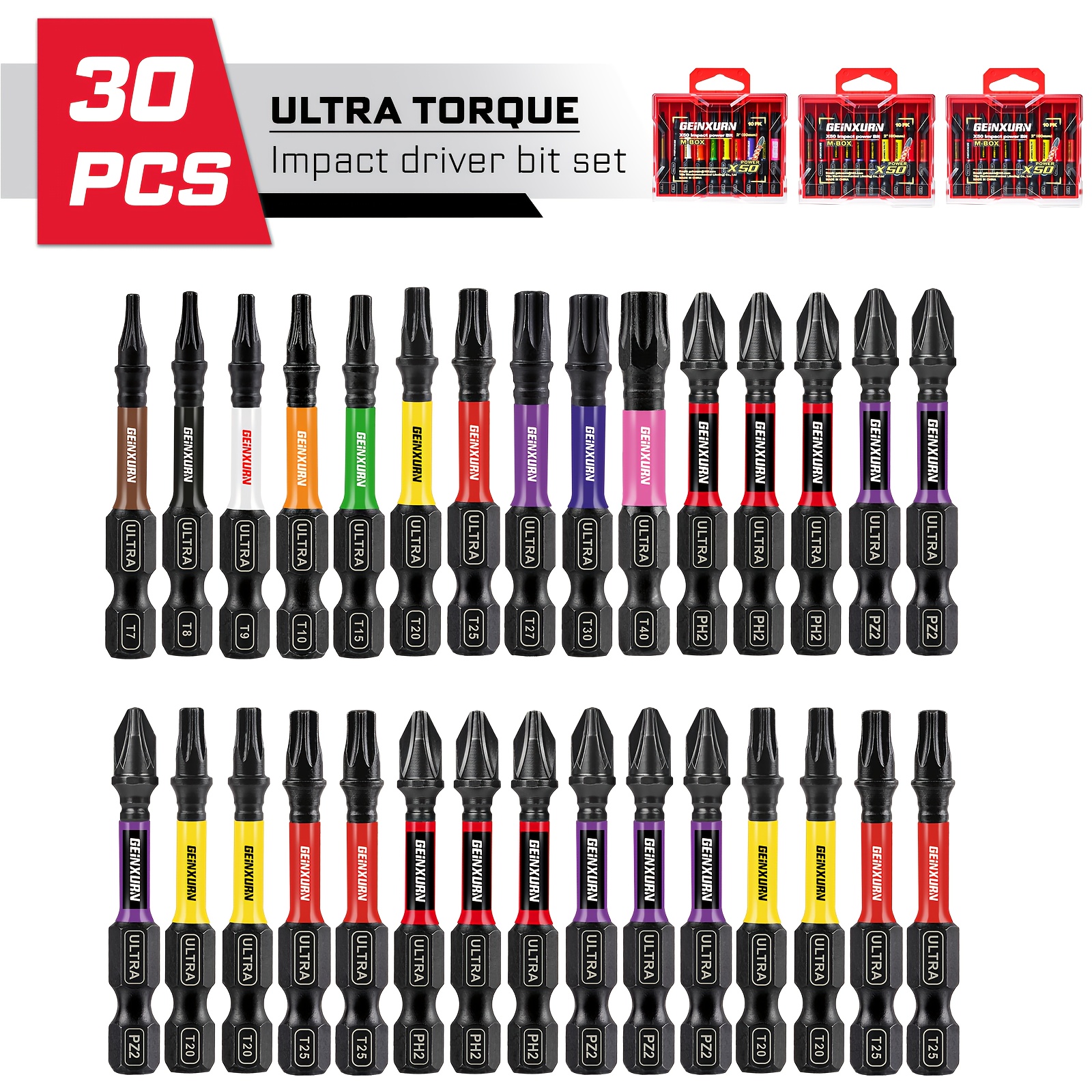 30pcs Set Of 50mm Cross, Phillips, And Torx Screwdriver Bits, Mixed Pack, 3 Mechanical Boxes, 10 Bits Per Box, S2 Tool, Impact Grade, Different Bits By Color Coding Rings