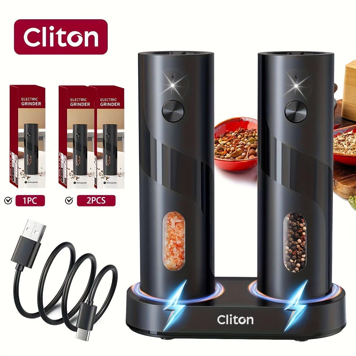 Rechargeable Electric Salt & Pepper Grinder – LED Light, Adjustable Coarseness