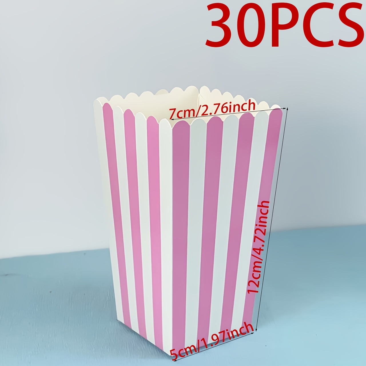 TEMU Cajas de papel para palomitas de de 10/30 piezas con ondulado a rayas rosas y blancas, contenedores de papel de almacenamiento trapezoidales