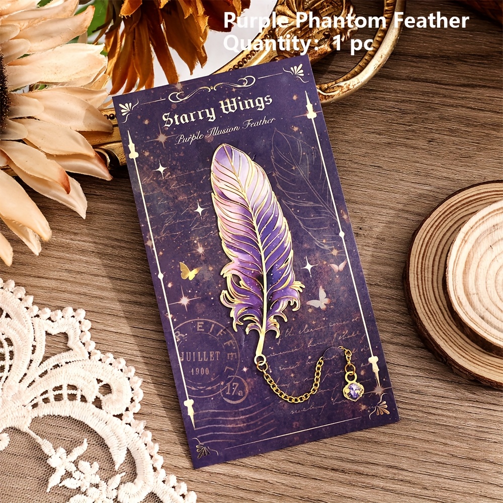 TEMU 1 Pack Lila Feder Metall-Lesezeichen mit Buntem Kettenanhänger & Sternenflügel-Design – Elegantes Geschenk für Buchliebhaber, , Studenten und