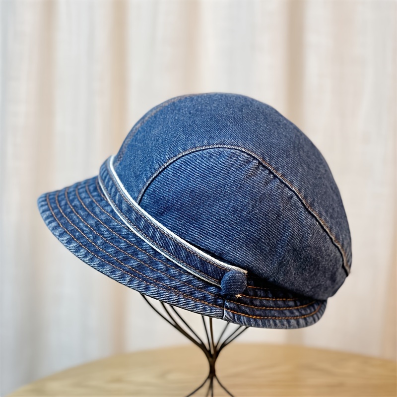 TEMU Denim Beret Hats For Women - Stylish Versatile Fisherman Caps With Short Brim, Foldable Design For All Seasons, Sun Protection, Stripe Craftsmanship, Inelastic, Holiday Theme