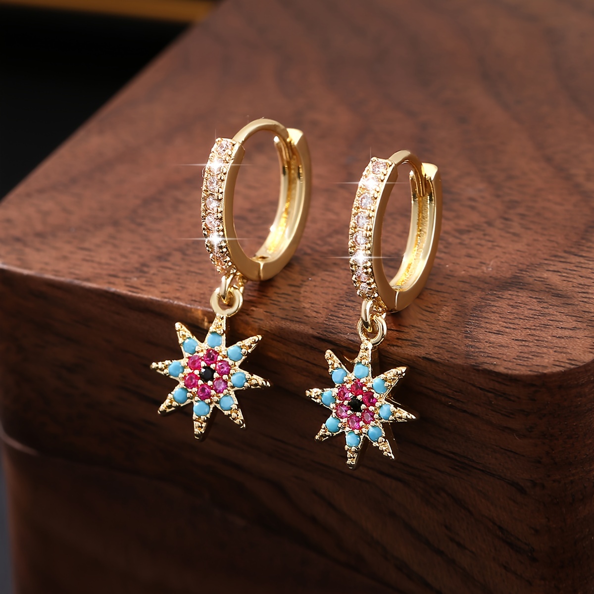 

1 Pair Of Luxurious Golden-tone Starburst Drop Earrings With Cubic Zirconia - Vintage/, Nickel-free Copper, Ideal For & Gifting, Perfect Valentine's Day Present, Novelty Earrings