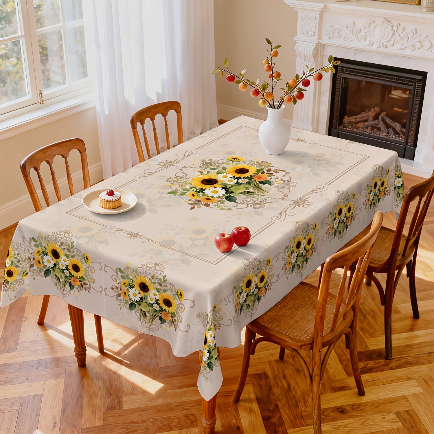 TEMU 1pc, Elegant Vintage Sunflower Daisy Tablecloth, Polyester Elegant Spring/summer Yellow And White Sunflower Daisy Pattern Floral Tablecloth, For
