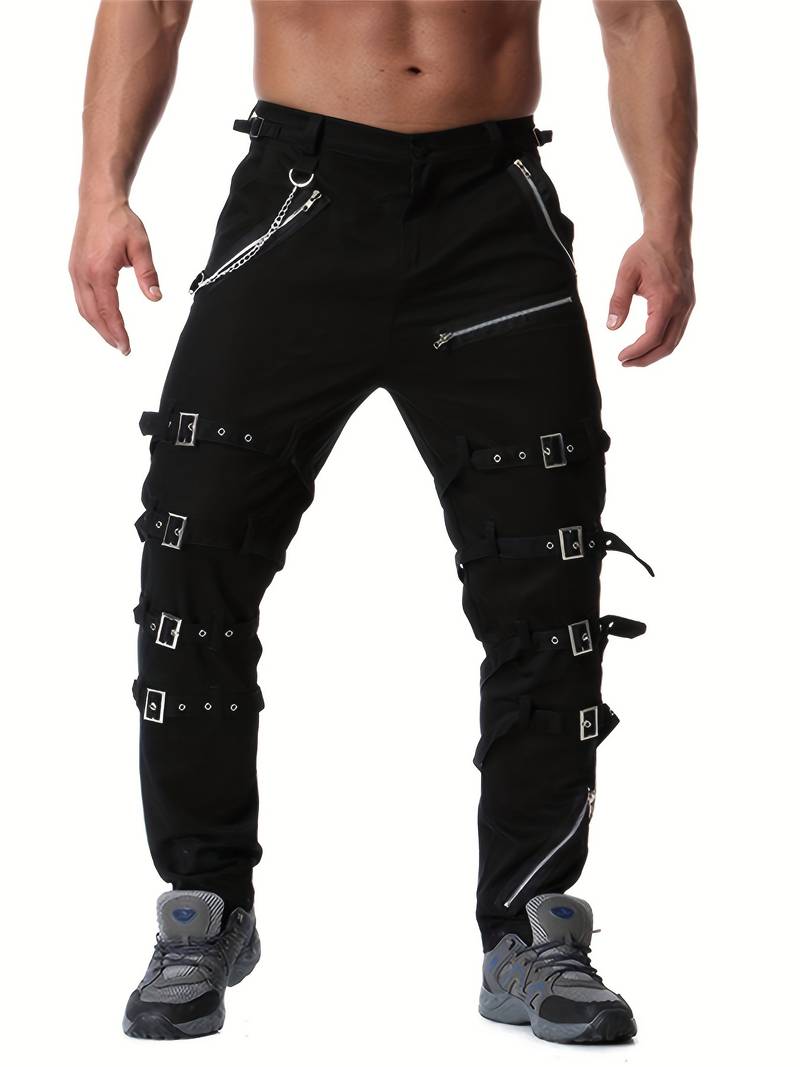 Darkrock Gothic Men's Black Chrome Trousers – Studded, Metal Chains, Cargo Style – Punk Rock BDSM Vibes