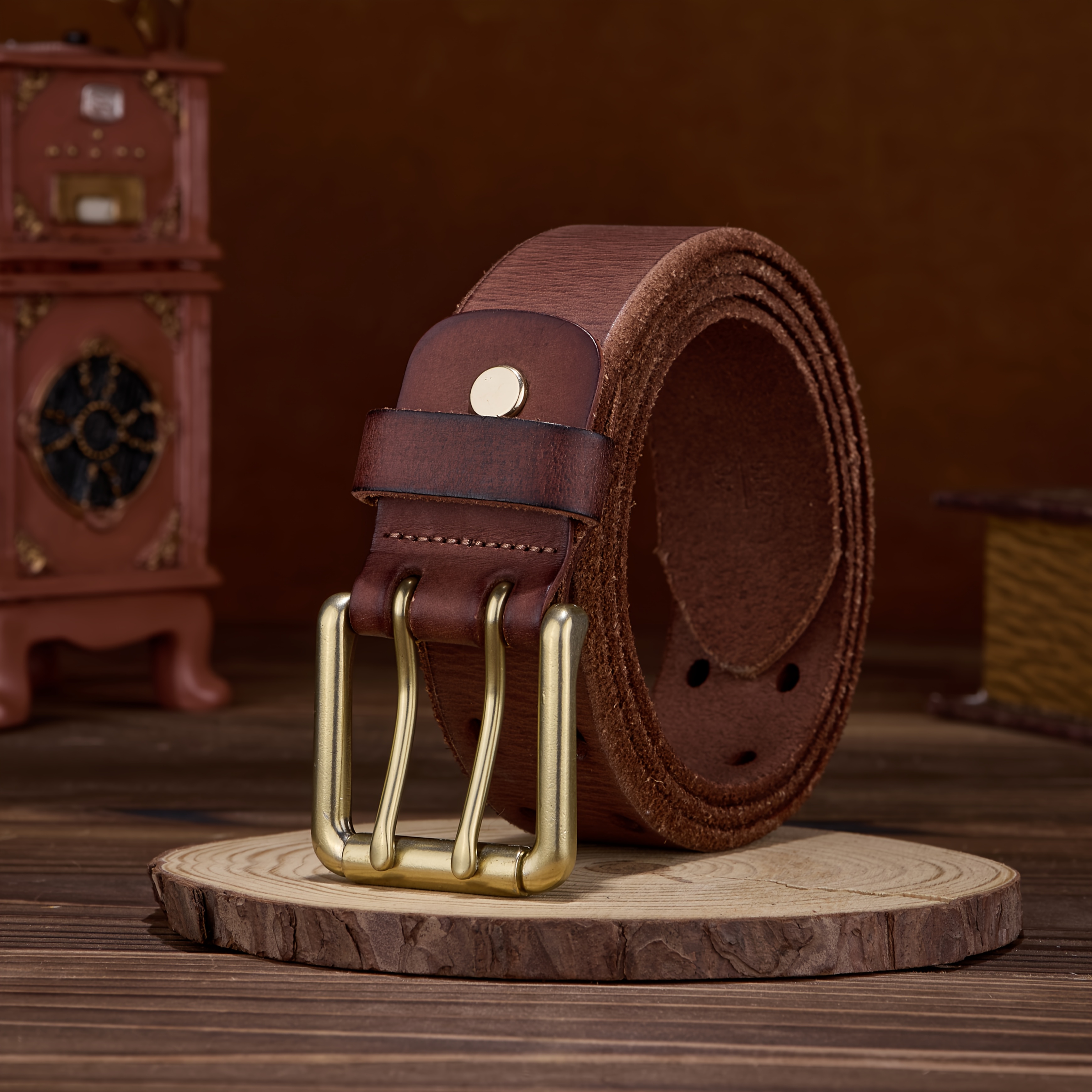 Vintage Distressed Texture Leather Belt with Double-Needle Buckle