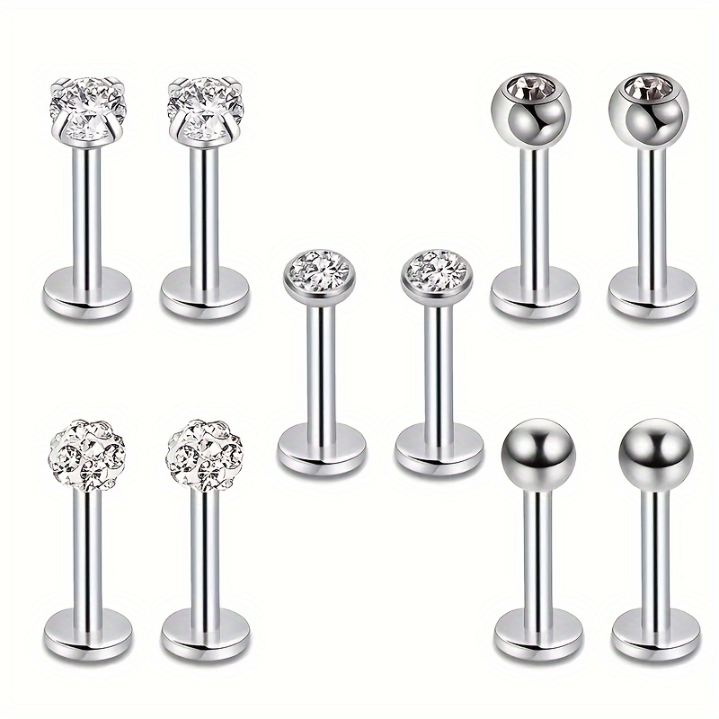 

10 Pcs Stainless Steel Lip Ring Stud Earring Set With Sparkling Zircon Barbell Piercing Jewelry