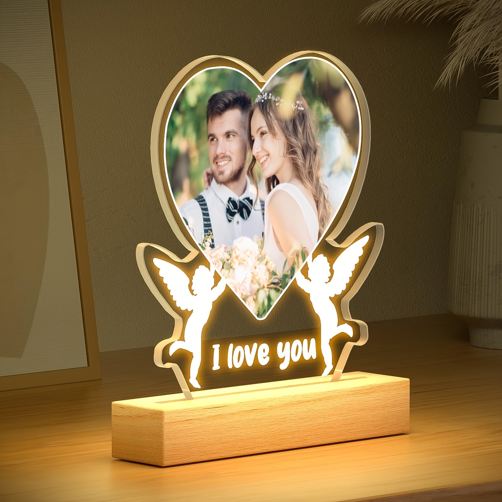 

Personalized Custom Photo Led Night Light 20 Cm 7.87 In Acrylic Heart Plaque Wooden Stand Table Lamp Plaque Printed With Photo, Mother's Day Gifts For Dad Lover Anniversary Birthday Wedding